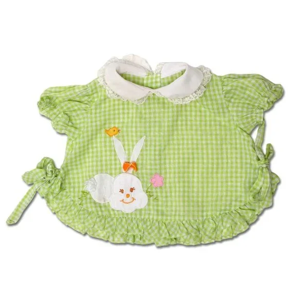 Vintage Baby Girl Green Dress Gingham Checkered Outfit Lightweight Bunny Frills - Picture 10 of 10